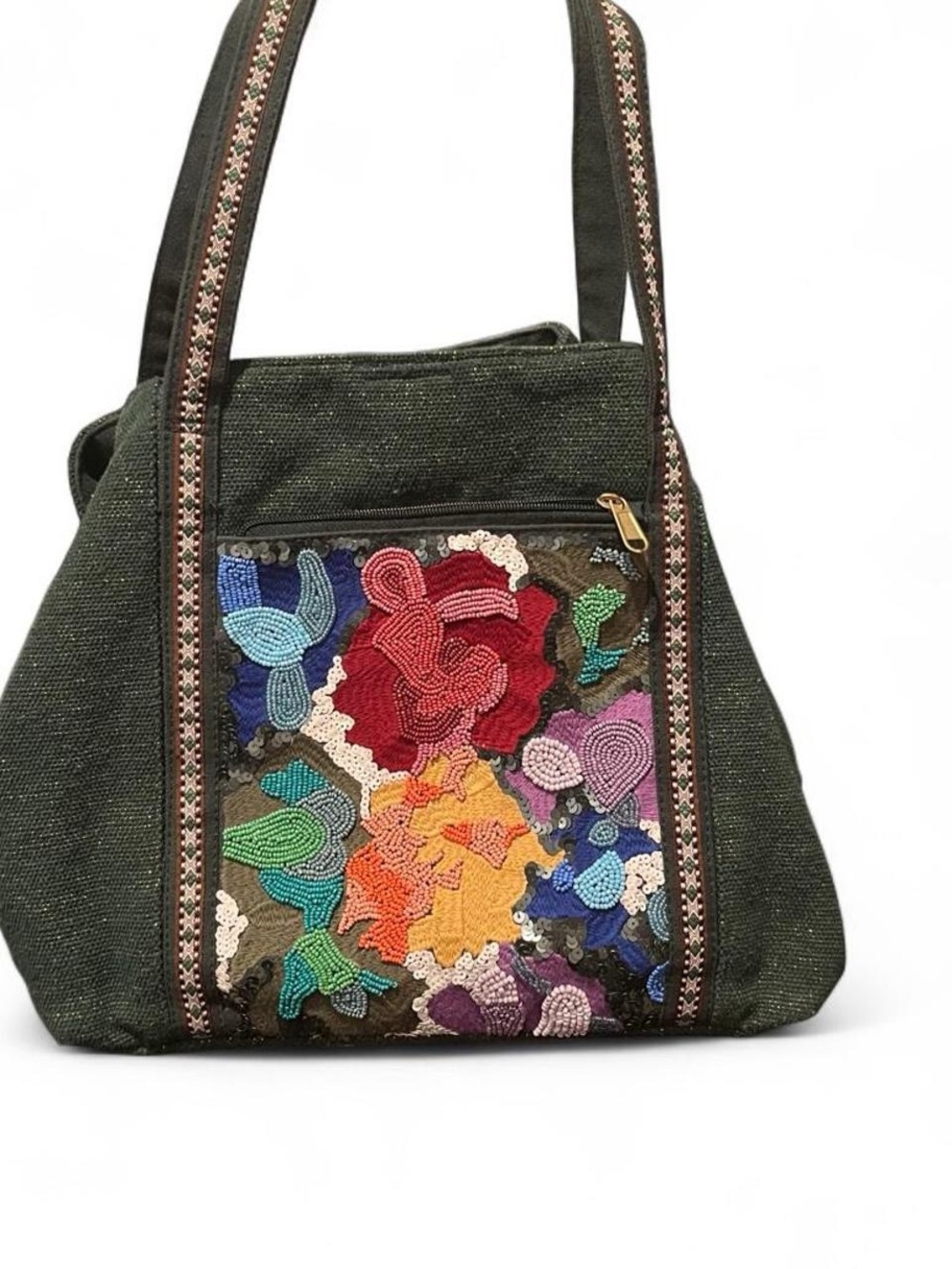 America & Beyond - Triple entry hand beaded green eclectic shoulder bag/ tote
